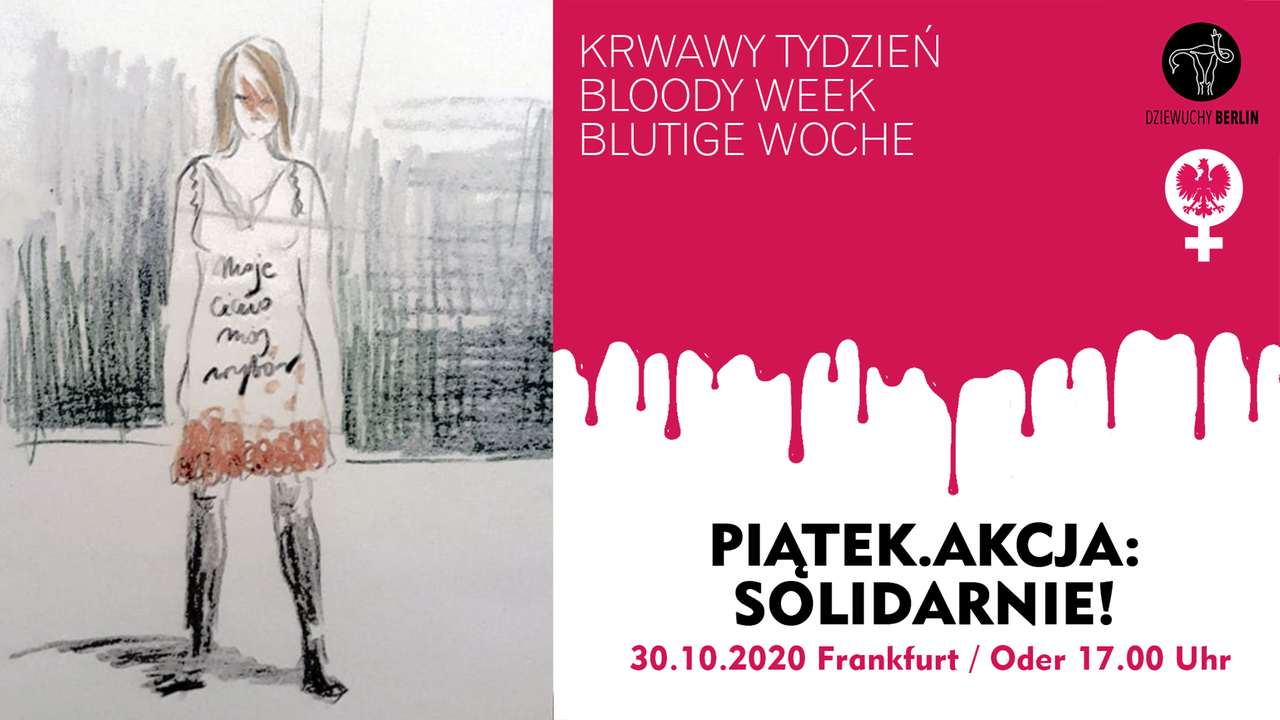 Eine Grafik. Sie zeigt eine Zeichnung von einer jungen Frau, deren Kleidersaum blutig ist. Daneben ein polnischer Schriftzug. Eine Grafik. Sie zeigt eine Zeichnung von einer jungen Frau, deren Kleidersaum blutig ist. Daneben ein polnischer Schriftzug.