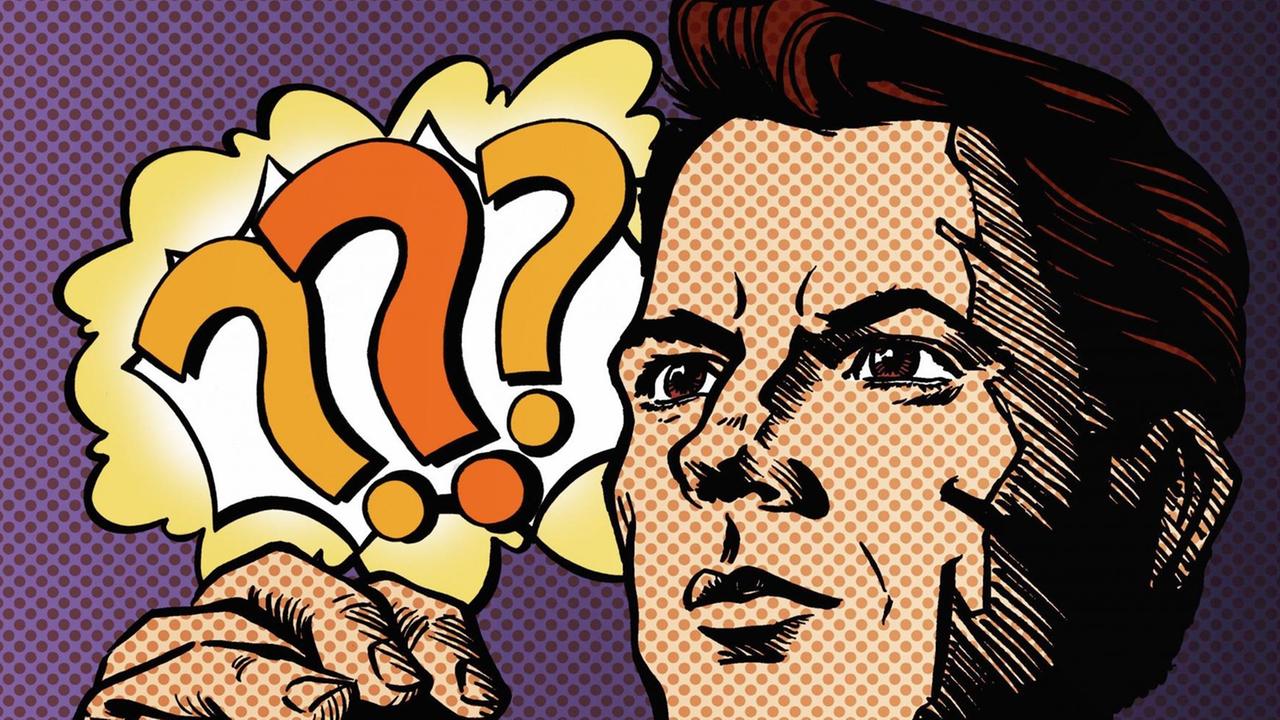 Illustration eines unsicheren Geschäftsmannes mit gefalteten Händen und drei Fragezeichen., im Stil der Pop Art. Illustration eines unsicheren Geschäftsmannes mit gefalteten Händen und drei Fragezeichen., im Stil der Pop Art.