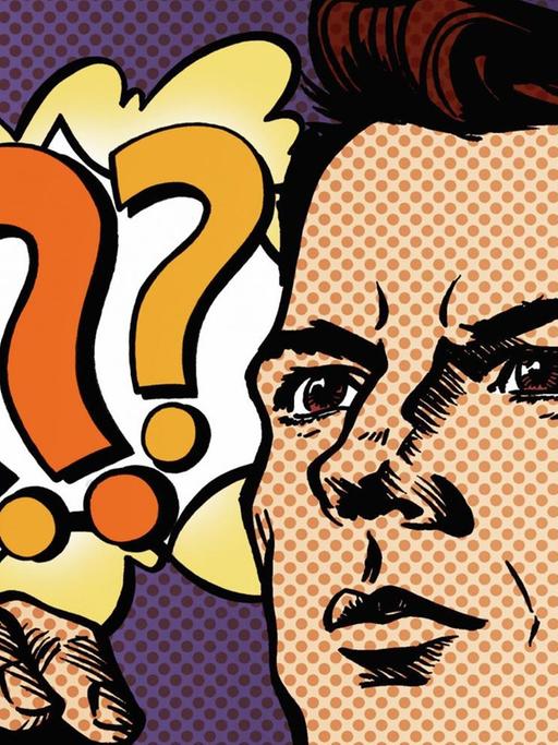 Illustration eines unsicheren Geschäftsmannes mit gefalteten Händen und drei Fragezeichen., im Stil der Pop Art.