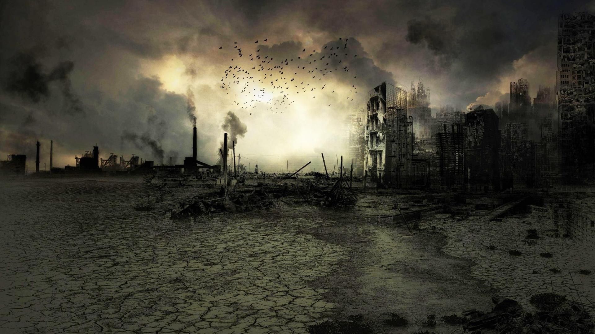 Ausgetrockneter Boden, rauchende Schlote, eine Vogelschar am dunklen Himmel: die Apokalypse (Illustration) Ausgetrockneter Boden, rauchende Schlote, eine Vogelschar am dunklen Himmel: die Apokalypse (Illustration)