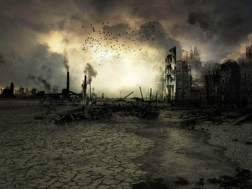 Ausgetrockneter Boden, rauchende Schlote, eine Vogelschar am dunklen Himmel: die Apokalypse (Illustration)