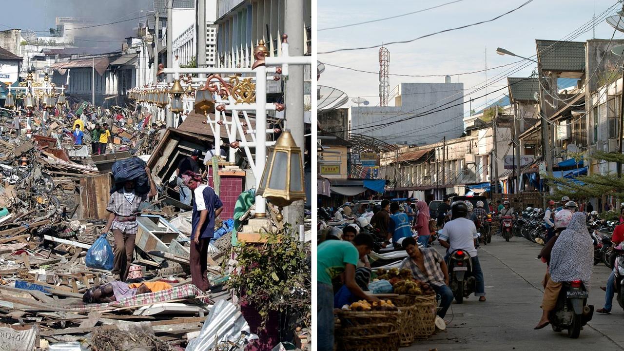 Links die Stadt Banda Aceh nach dem Tsunami, rechts die Stadt 2014. Links die Stadt Banda Aceh nach dem Tsunami, rechts die Stadt 2014.