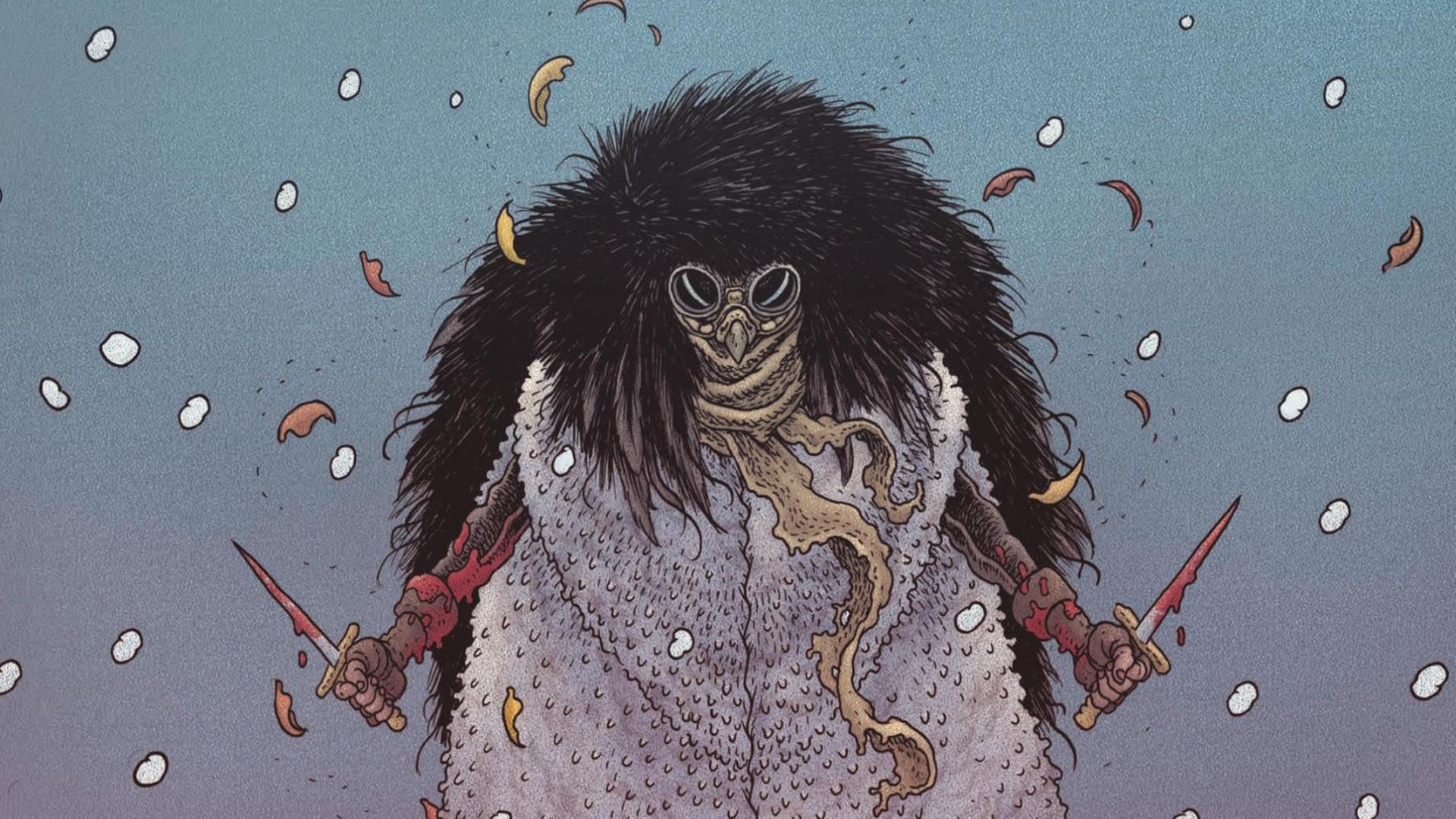 Im Panel aus "Little Bird" ist die Protagonistin mit einer Vogelmaske und Dolchen in der Hand in Angriffsstellung zu sehen. Im Panel aus "Little Bird" ist die Protagonistin mit einer Vogelmaske und Dolchen in der Hand in Angriffsstellung zu sehen.
