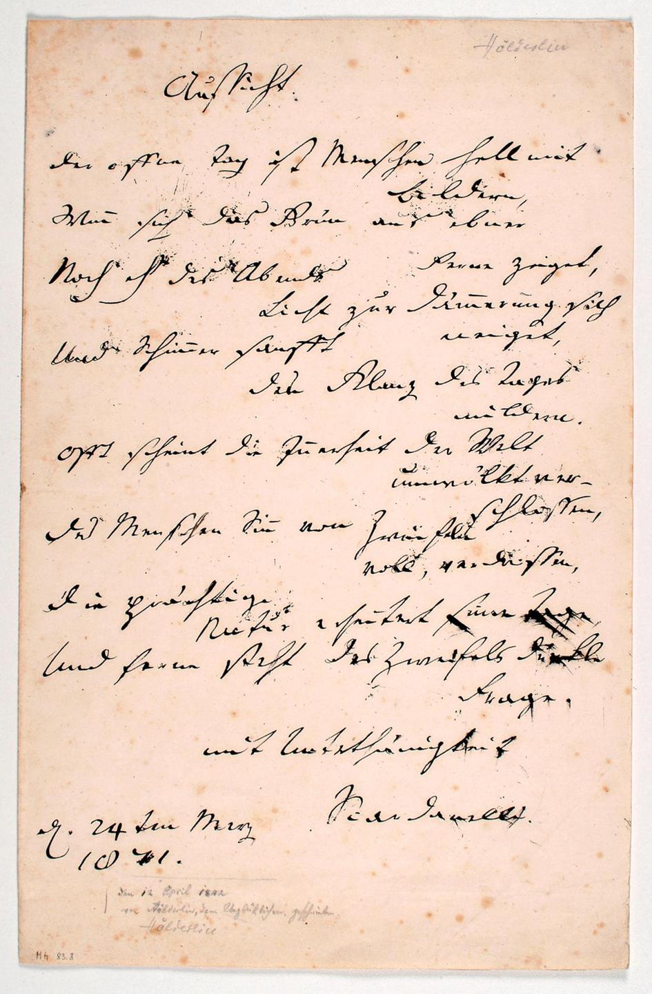 Friedrich Hölderlin: Aussicht. Eigenhändiges Gedicht mit Unterschrift "Scardanelli".