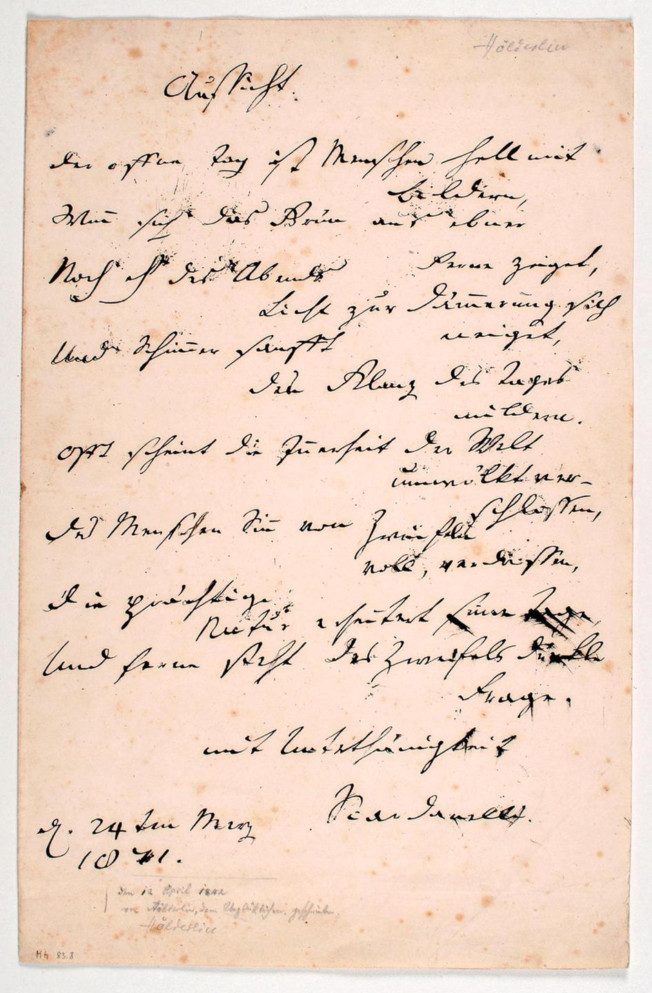 Friedrich Hölderlin: Aussicht. Eigenhändiges Gedicht mit Unterschrift "Scardanelli". Friedrich Hölderlin: Aussicht. Eigenhändiges Gedicht mit Unterschrift "Scardanelli".