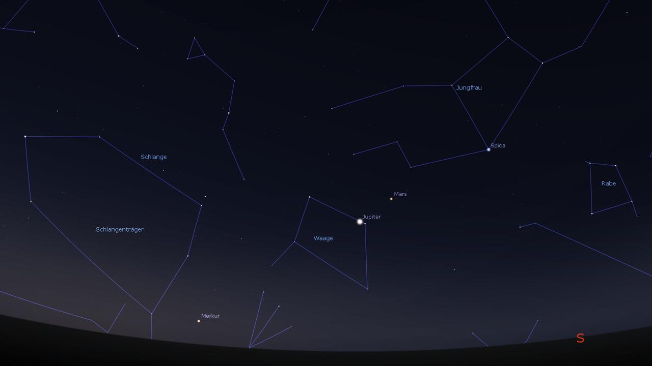 7 Uhr am Weihnachtsmorgen: Spica, Mars, Jupiter und Merkur 7 Uhr am Weihnachtsmorgen: Spica, Mars, Jupiter und Merkur