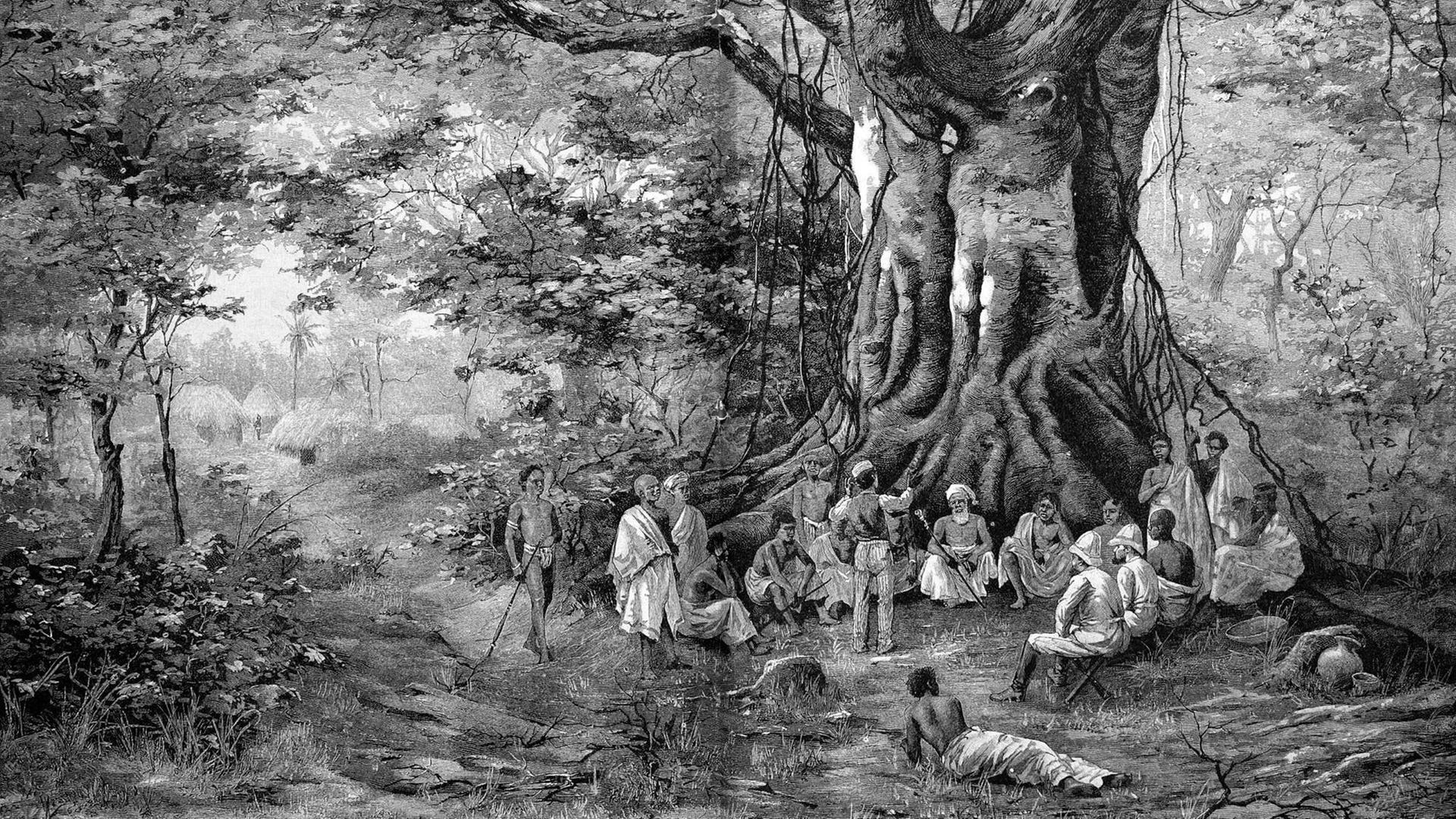 Historische Illustration: "Palaverplatz im Walde vor der Bismarckburg in Adeliland, Westafrika", heute Togo, Holzschnitt, ca. 1888. Historische Illustration: "Palaverplatz im Walde vor der Bismarckburg in Adeliland, Westafrika", heute Togo, Holzschnitt, ca. 1888.