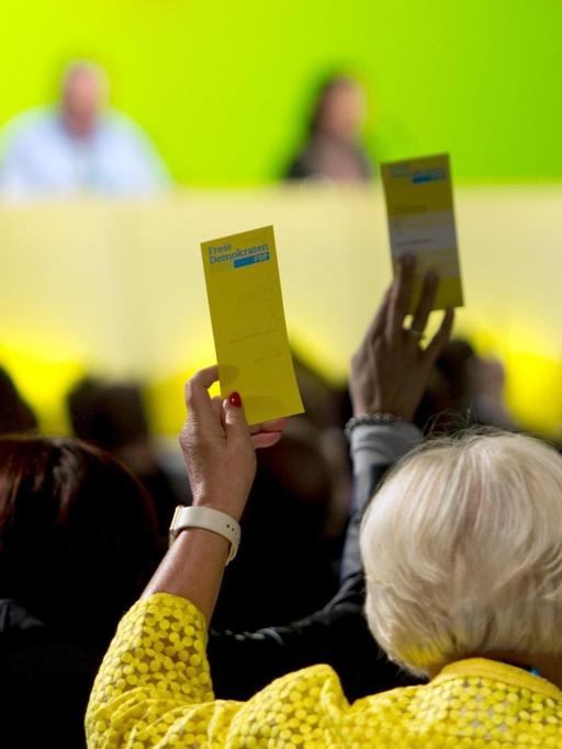 Delegierte halten am 28.04.2017 bei einer Abstimmung während des Bundesparteitages der Freien Demokratischen Partei (FDP) in Berlin ihre Stimmkarten hoch. Die FDP will sich bei ihrem Parteitag ab 28. bis 30. April auf die Landtagswahlen in Schleswig-Holstein und Nordrhein-Westfalen sowie auf die Bundestagswahl einstimmen.