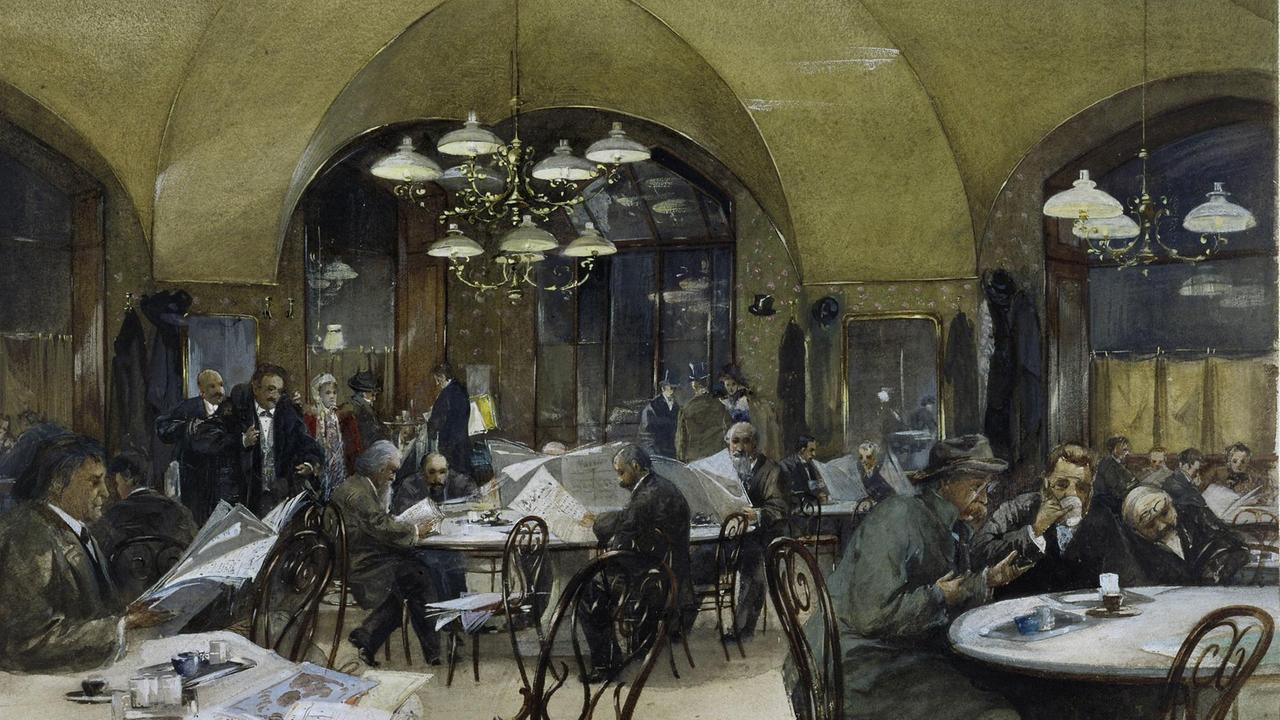 Aquarell von Reinhold Voelkel, 1896. Männer sitzen lesend, mit Zeitungen in der Hand und Kaffee trinkend an Kaffeetischen in einem Café.