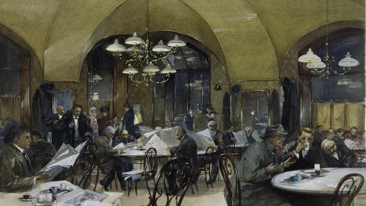 Aquarell von Reinhold Voelkel, 1896. Männer sitzen lesend, mit Zeitungen in der Hand und Kaffee trinkend an Kaffeetischen in einem Café. Aquarell von Reinhold Voelkel, 1896. Männer sitzen lesend, mit Zeitungen in der Hand und Kaffee trinkend an Kaffeetischen in einem Café.