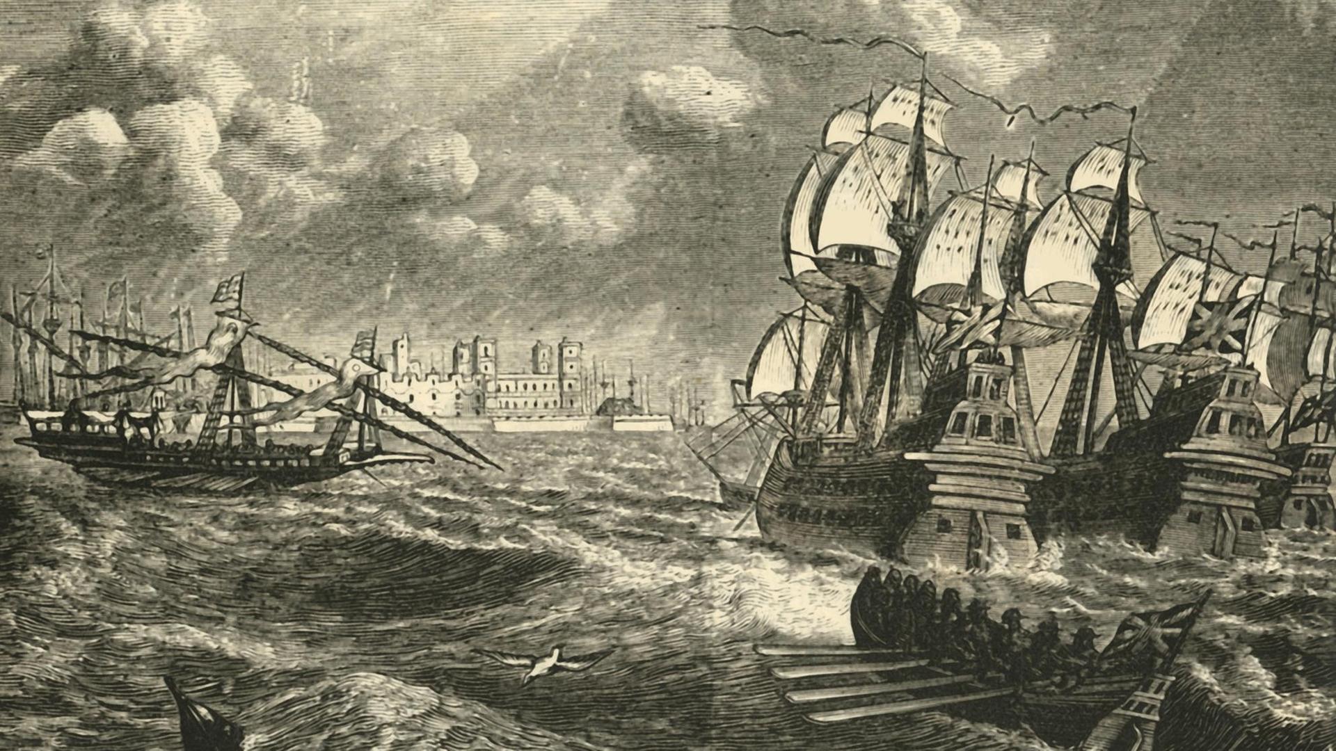 Historische Darstellung der Eroberung der andalusischen Hafenstadt Cádiz 1596 während des Englisch-Spanischen Krieges. Mehrere Schiffe vor einem Hafen. Historische Darstellung der Eroberung der andalusischen Hafenstadt Cádiz 1596 während des Englisch-Spanischen Krieges. Mehrere Schiffe vor einem Hafen.