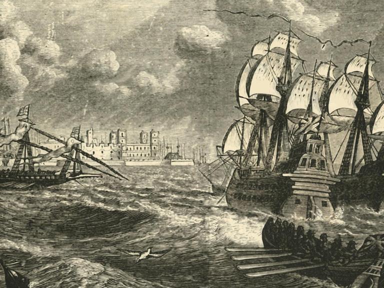 Historische Darstellung der Eroberung der andalusischen Hafenstadt Cádiz 1596 während des Englisch-Spanischen Krieges. Mehrere Schiffe vor einem Hafen.
