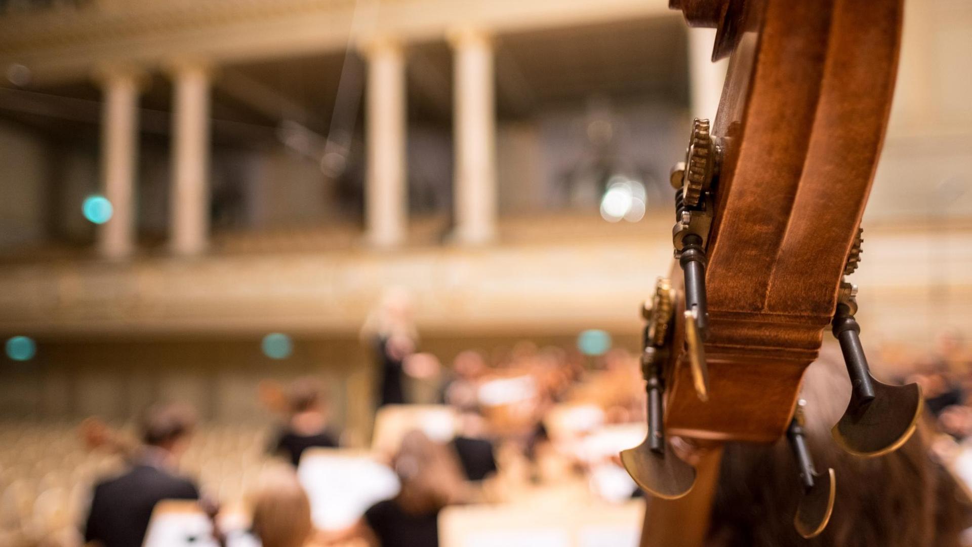 Verschwommen lässt sich im Hintergrund ein Orchester erahnen. Davor der Hals eines Instruments. Verschwommen lässt sich im Hintergrund ein Orchester erahnen. Davor der Hals eines Instruments.