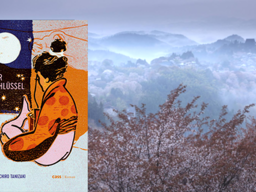 Buchcover "Der Schlüssel" von Junichiro Tanizaki, im Hintergrund eine japanische Berglandschaft