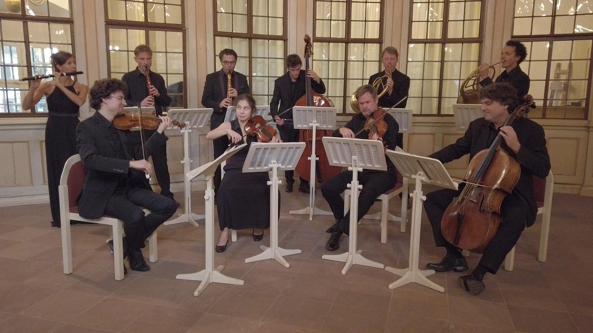 Acht Männer und zwei Frauen stehen bzw. sitzen in zwei Halbkreisen mit ihren Instrumenten vor Notenpulten in einem Saal mit historischer Verglasung. Acht Männer und zwei Frauen stehen bzw. sitzen in zwei Halbkreisen mit ihren Instrumenten vor Notenpulten in einem Saal mit historischer Verglasung.