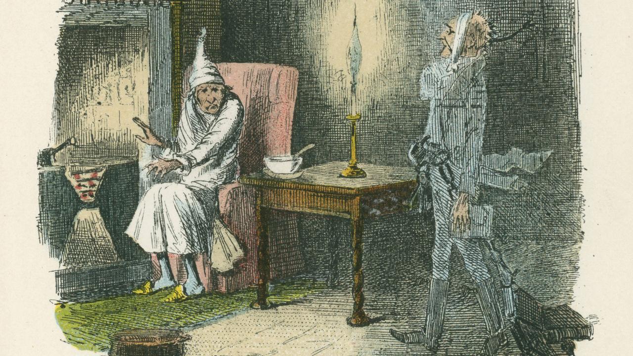 Illustration aus Charles Dickens' "Weihnachtsgeschichte": Dem geizigen Scrooge erscheint der Geist von Marley. Illustration aus Charles Dickens' "Weihnachtsgeschichte": Dem geizigen Scrooge erscheint der Geist von Marley.