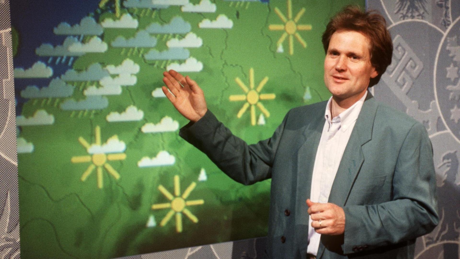 Die ZDF-Wetterkarte mit der Wetterprognose des Diplom-Meteorologen Gunter Thiersch, aufgenommen im April 1994 im ZDF-Sendezentrum in Mainz. Die ZDF-Wetterkarte mit der Wetterprognose des Diplom-Meteorologen Gunter Thiersch, aufgenommen im April 1994 im ZDF-Sendezentrum in Mainz.