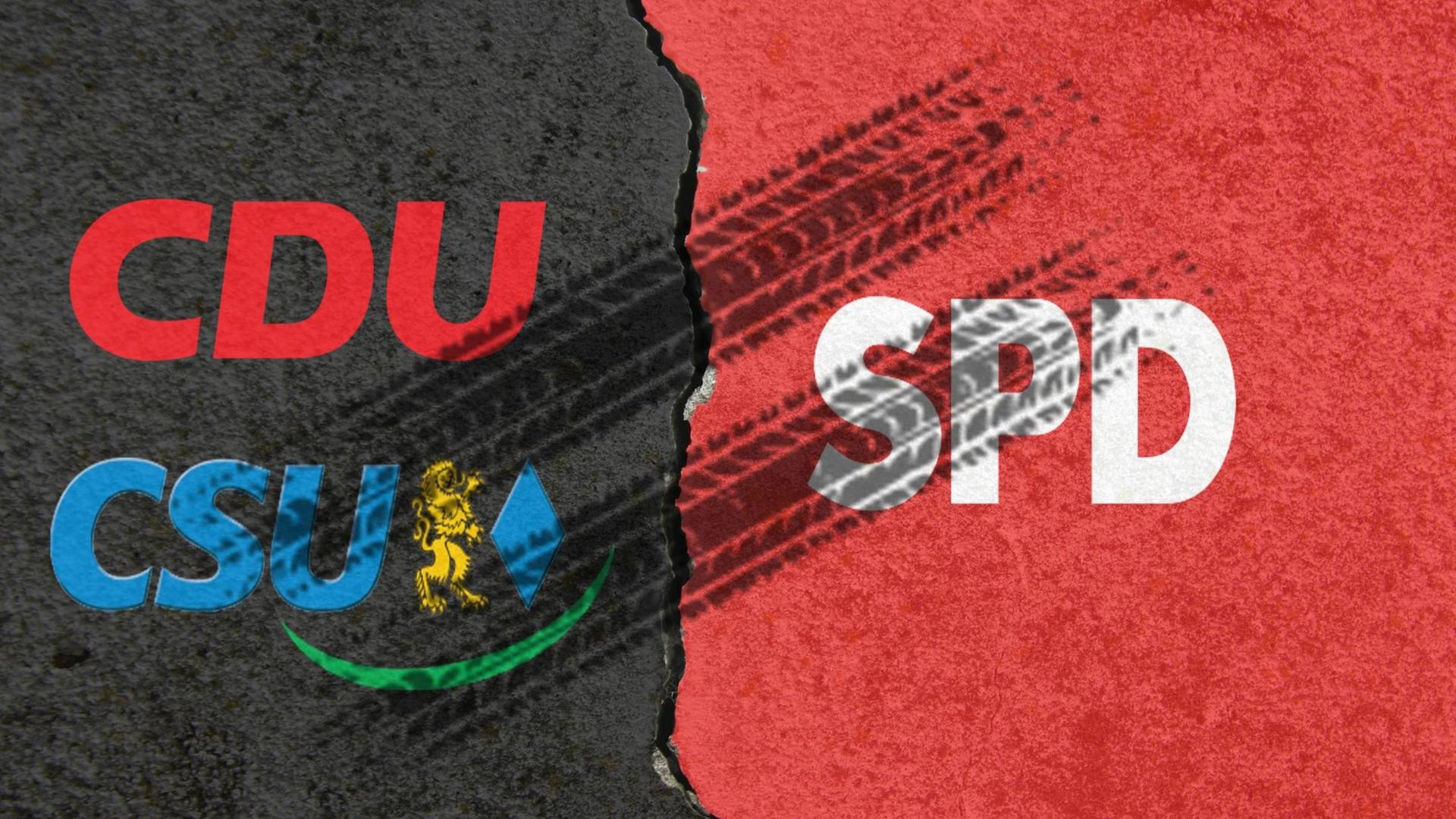 Die Namen der Parteien CDU und CSU auf schwarzem Hintergrund stehen neben dem Namen SPD auf rotem Hintergrund, darüber sind Bremsspuren zu sehen.
