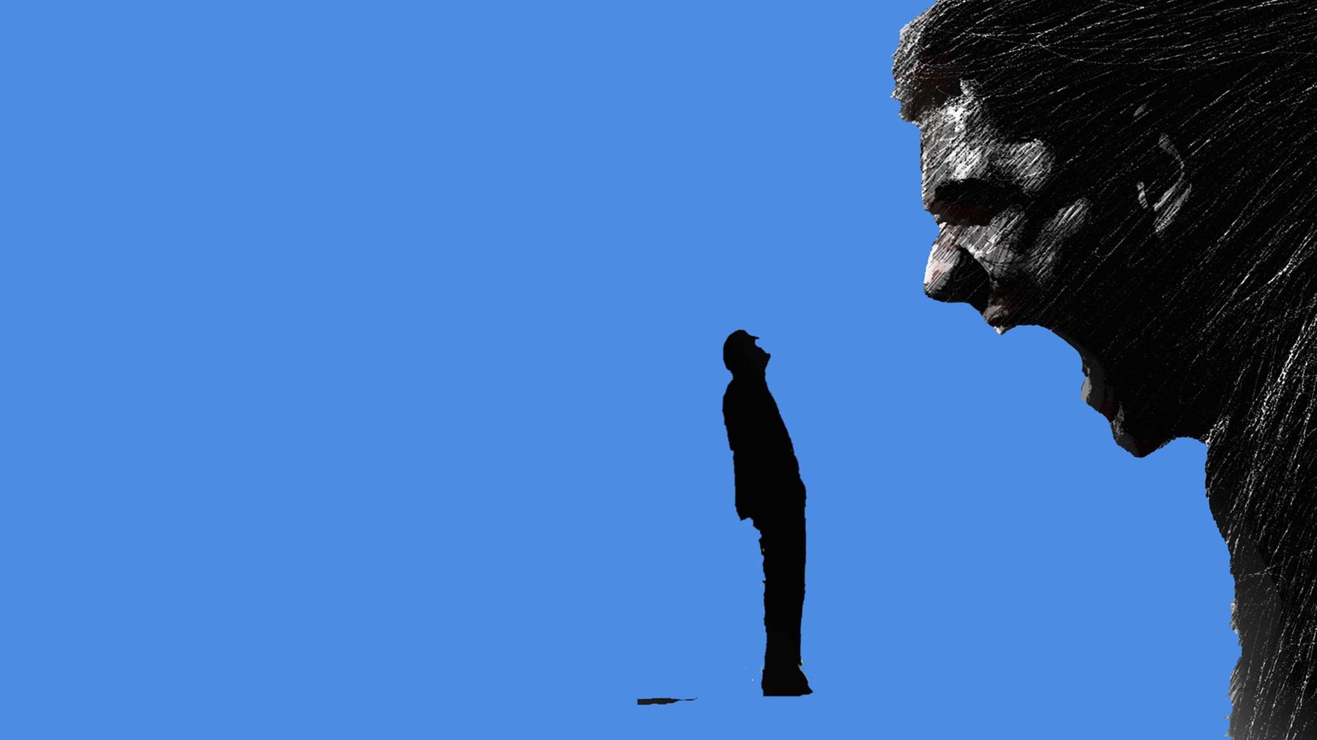 Eine Illustration zeigt ein großes Gesicht eines schreienden Mannes vor einem eingeschüchterten kleinem Mann vor blauem Hintergrund. Eine Illustration zeigt ein großes Gesicht eines schreienden Mannes vor einem eingeschüchterten kleinem Mann vor blauem Hintergrund.
