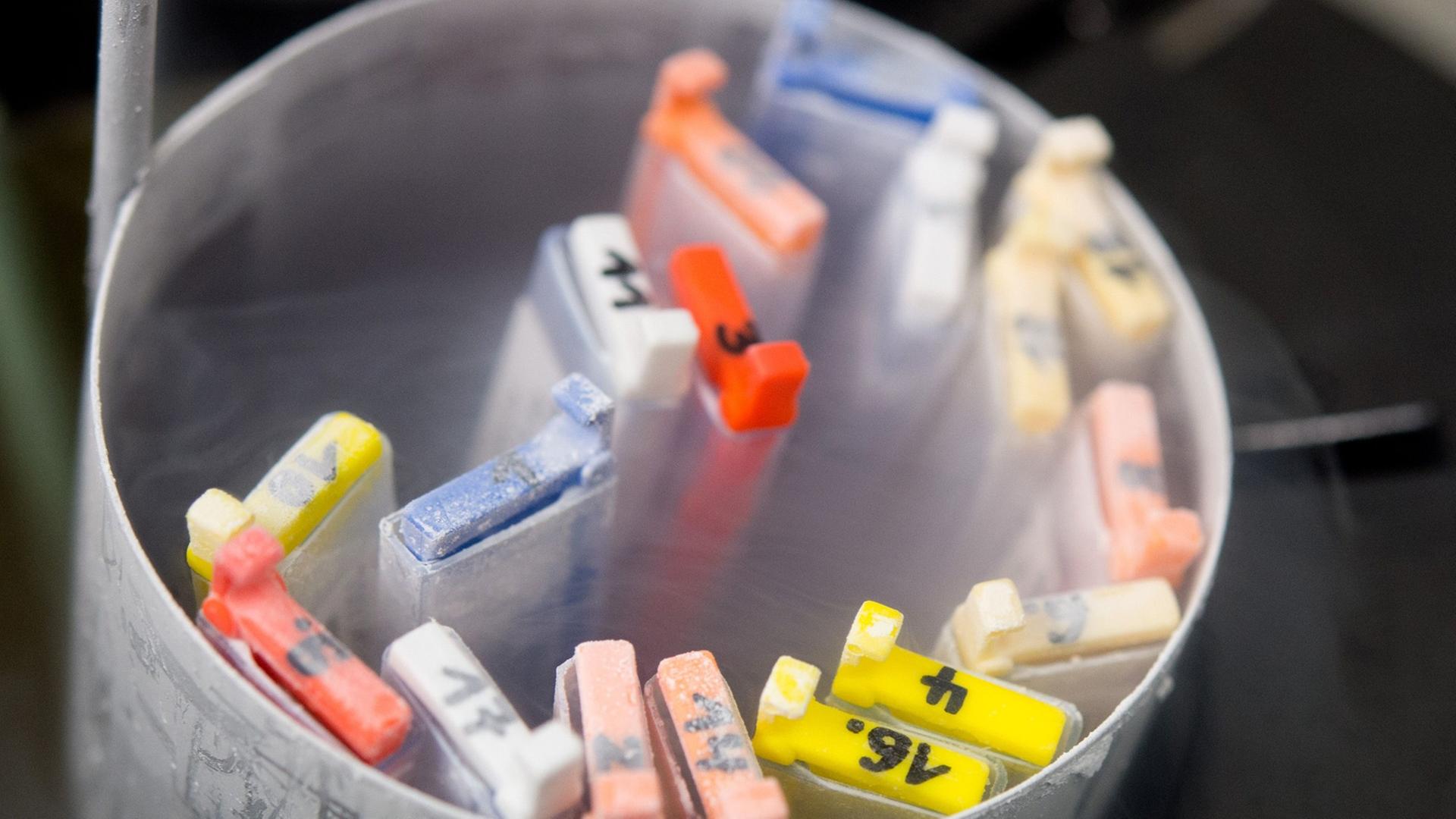 In einem Stickstoffbehälter lagern Kassetten mit eingefrorenen Eizellen in einem Labor im Universitätsklinikum in Tübingen. In einem Stickstoffbehälter lagern Kassetten mit eingefrorenen Eizellen in einem Labor im Universitätsklinikum in Tübingen.