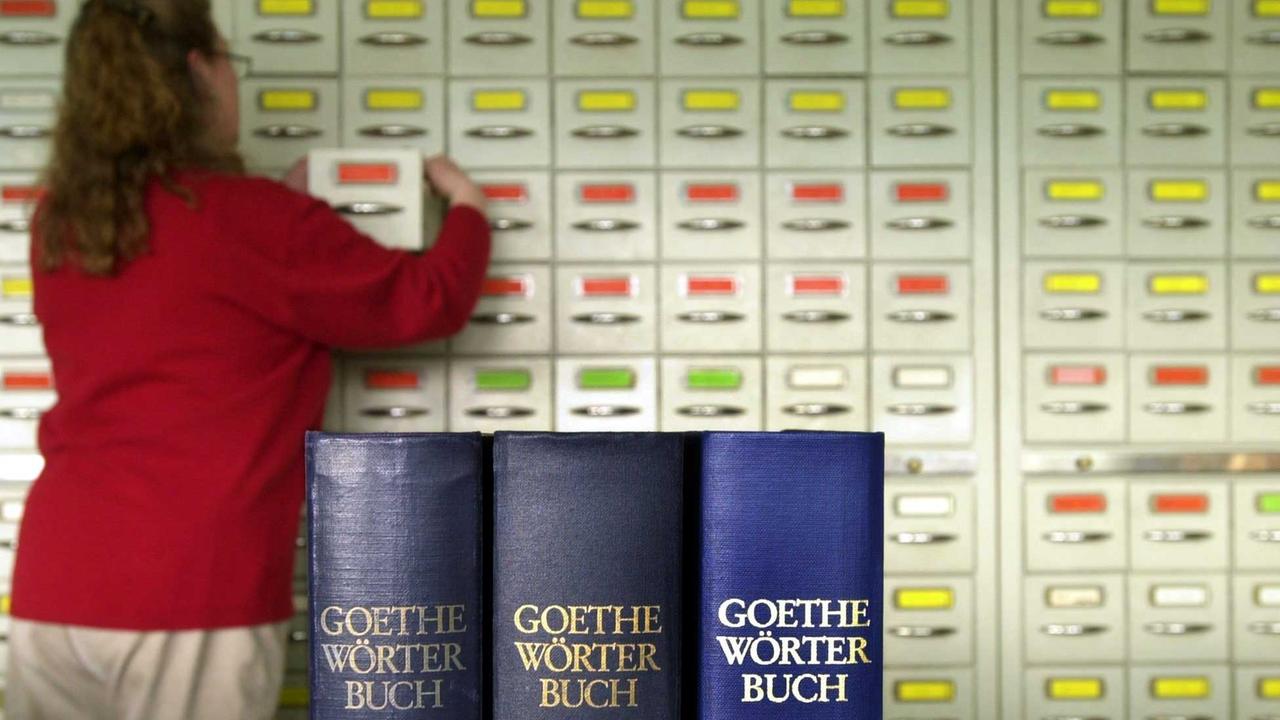 Das Foto zeigt im Vordergrund drei Exemplare des Goethe-Wörterbuches, das den gesamten Wortschatz des Dichterfürsten (etwa 90.000 Wörter) in alphabetischer Reihenfolge verzeichnet. Auf der Grundlage von rund drei Millionen Archivbelegen wird Goethes individueller Wortschatz in einzelnen Artikeln durch ausgewählte Belegzitate und Bedeutungserklärungen dargestellt. Das Foto zeigt im Vordergrund drei Exemplare des Goethe-Wörterbuches, das den gesamten Wortschatz des Dichterfürsten (etwa 90.000 Wörter) in alphabetischer Reihenfolge verzeichnet. Auf der Grundlage von rund drei Millionen Archivbelegen wird Goethes individueller Wortschatz in einzelnen Artikeln durch ausgewählte Belegzitate und Bedeutungserklärungen dargestellt.