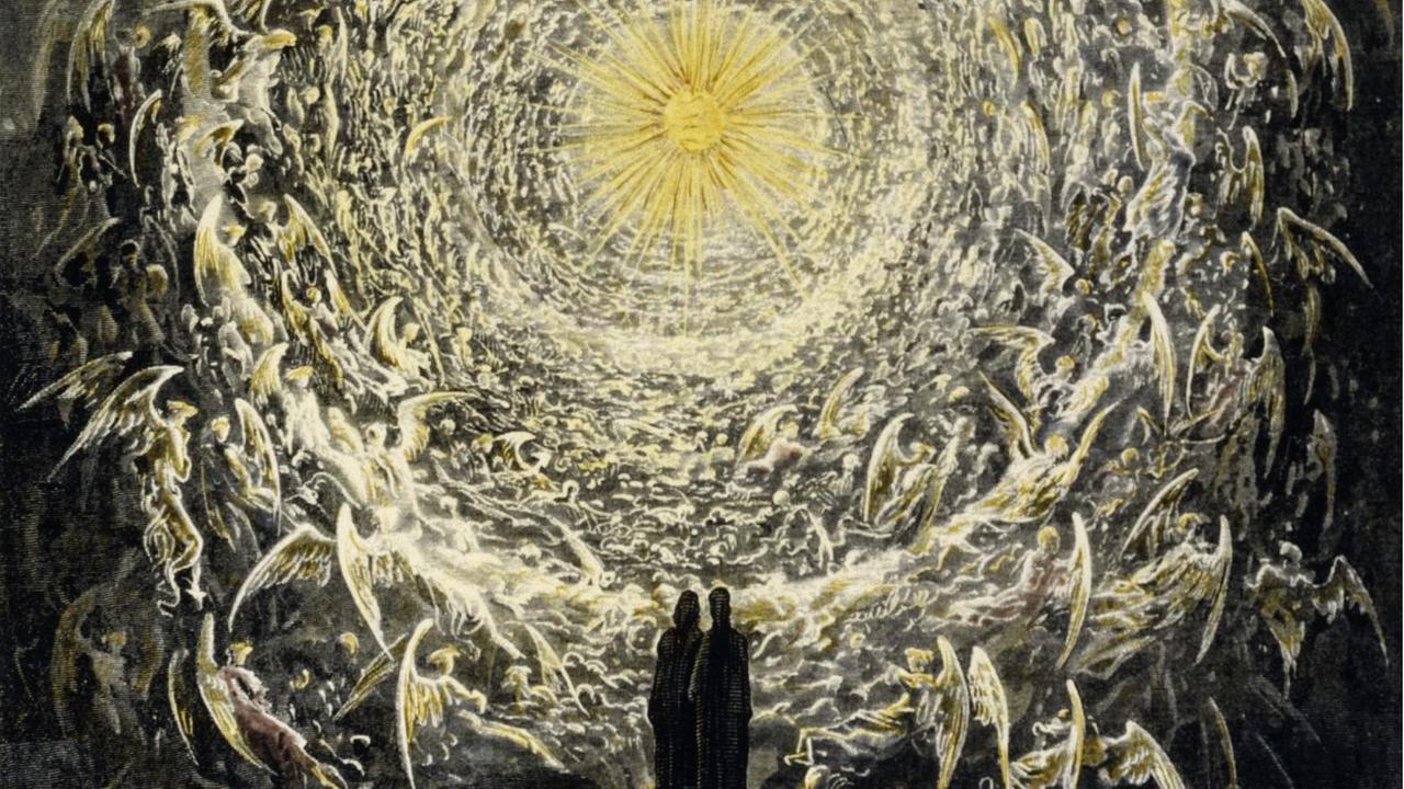 Holzstich nach Zeichnung von Gustave Doré (1832–1883), mit der Dartellung von Dante und Beatrice, die Gottes Angesicht in einem Tunnel aus Licht und Engeln erblicken. Holzstich nach Zeichnung von Gustave Doré (1832–1883), mit der Dartellung von Dante und Beatrice, die Gottes Angesicht in einem Tunnel aus Licht und Engeln erblicken.