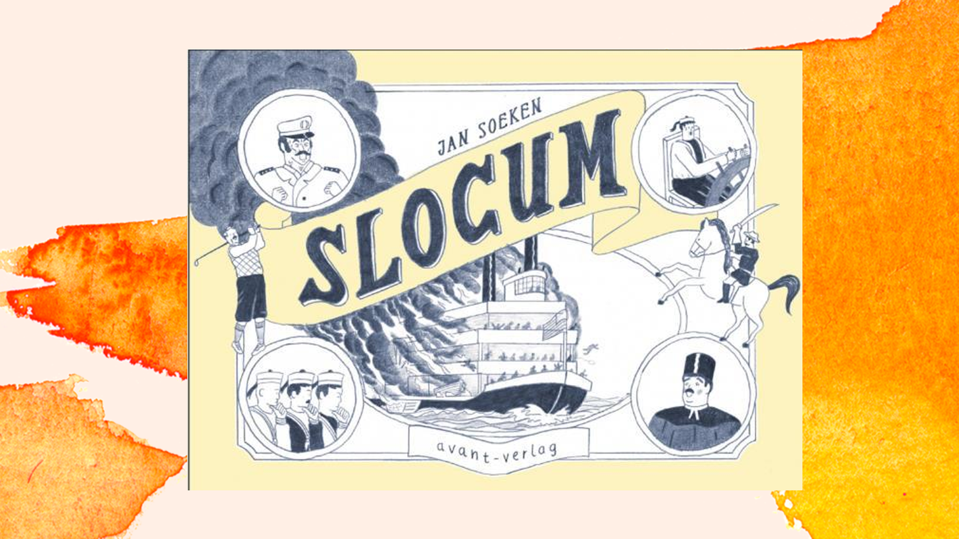 Das Buchcover von "Slocum" von Jan Soeken zeigt die Zeichnung eines brennenden Dampfers und verschiedene Mitglieder der Schiffsbesatzung. Das Buchcover von "Slocum" von Jan Soeken zeigt die Zeichnung eines brennenden Dampfers und verschiedene Mitglieder der Schiffsbesatzung.