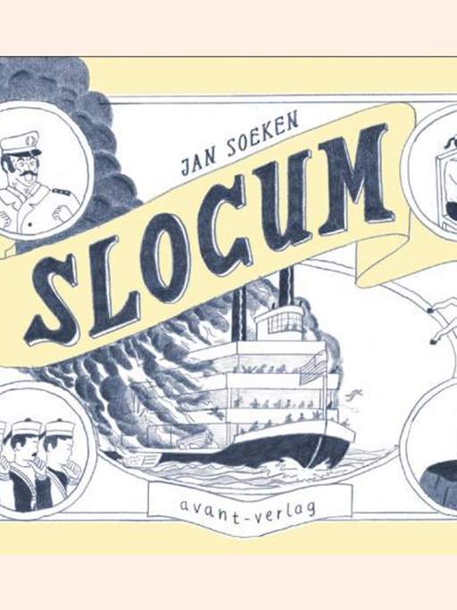Das Buchcover von "Slocum" von Jan Soeken zeigt die Zeichnung eines brennenden Dampfers und verschiedene Mitglieder der Schiffsbesatzung.