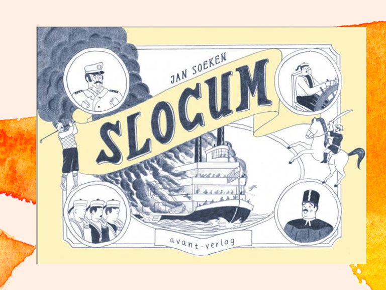 Das Buchcover von "Slocum" von Jan Soeken zeigt die Zeichnung eines brennenden Dampfers und verschiedene Mitglieder der Schiffsbesatzung.