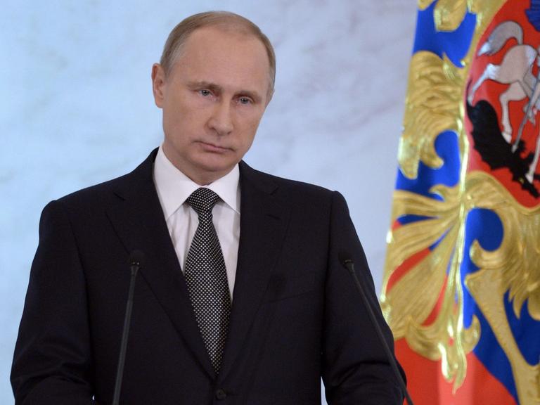 Russlands Präsident Wladimir Putin bei seiner jährlichen Rede vor dem Parlament in Moskau