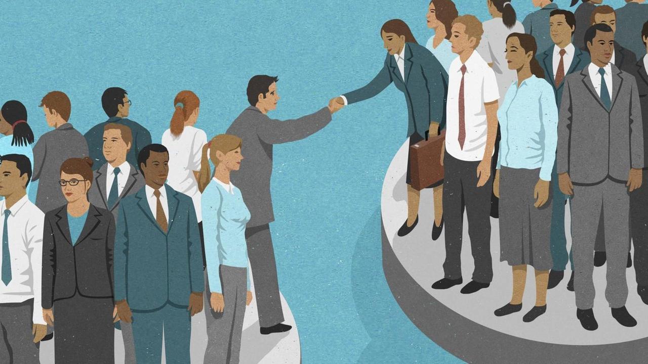 Personen aus zwei verschiedenen Gruppen versuchen sich die Hand zu geben . Personen aus zwei verschiedenen Gruppen versuchen sich die Hand zu geben .