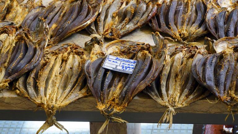 Getrocknete Fische in der Fischhalle der Markthalle Mercado dos Lavradores , Madeira, Funchal
