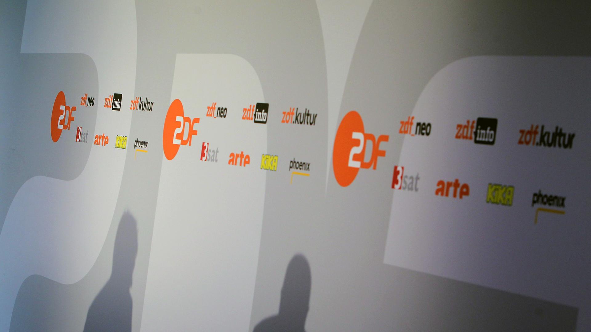 Der Schatten des Intendanten des Zweiten Deutschen Fernsehens (ZDF), Thomas Bellut (links), und der Schatten des Vorsitzenden des Fernsehrates, Ruprecht Polenz (CDU), sind auf einer ZDF-Logowand zu sehen. Der Schatten des Intendanten des Zweiten Deutschen Fernsehens (ZDF), Thomas Bellut (links), und der Schatten des Vorsitzenden des Fernsehrates, Ruprecht Polenz (CDU), sind auf einer ZDF-Logowand zu sehen.