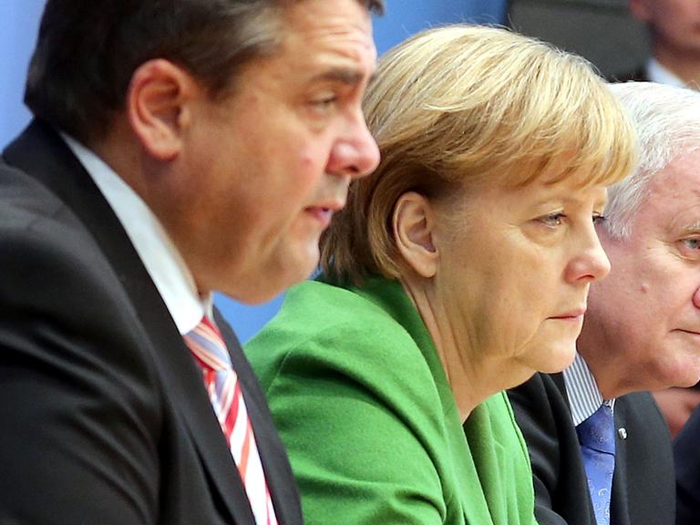 Sigmar Gabriel, Angela Merkel und Horst Seehofer bei der Vorstellung des Koalitionsvertrags