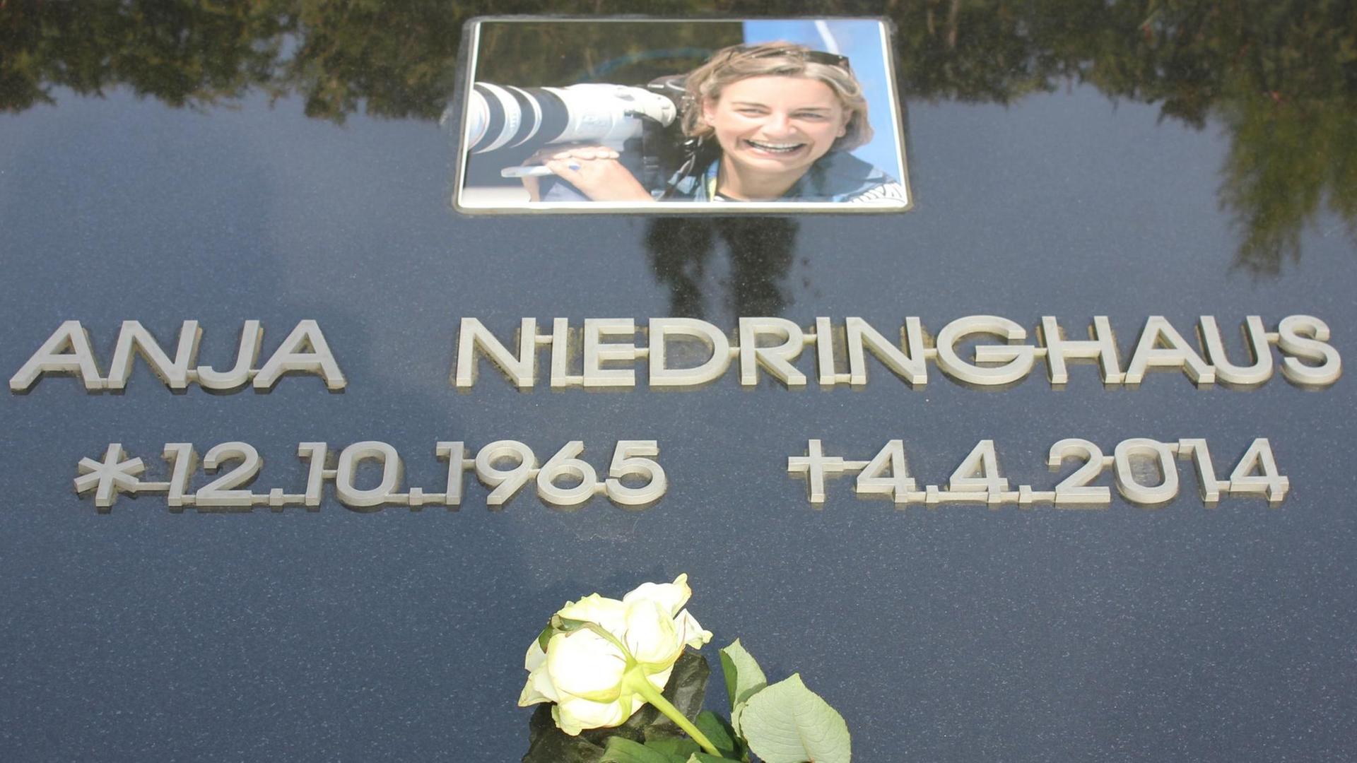 Eine weiße Rose liegt am 03.04.2016 in Höxter (Nordrhein-Westfalen) auf dem Grab der Fotojournalistin Anja Niedringhaus. Die Grabstelle ist mit einem QR-Code versehen, sodass man sich per Smartphone oder Pad über die ermordete Fotografin informieren kann.
