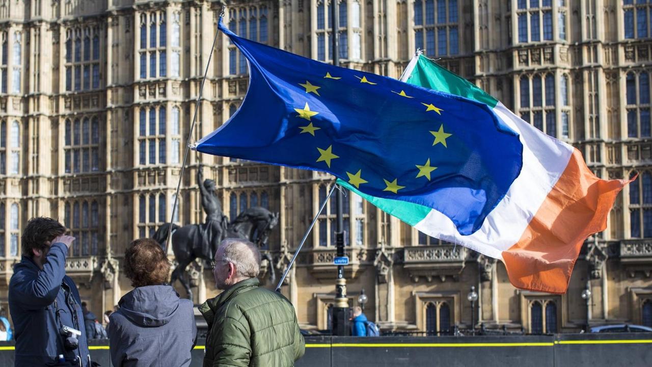 Anti-Brexit-Protestanten halten eine europäische und eine irische Flagge. Anti-Brexit-Protestanten halten eine europäische und eine irische Flagge.