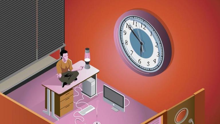 Illustration: Ein Angestellter im Büro sitzt im Schneidersitz auf seinem Tisch. Illustration: Ein Angestellter im Büro sitzt im Schneidersitz auf seinem Tisch.