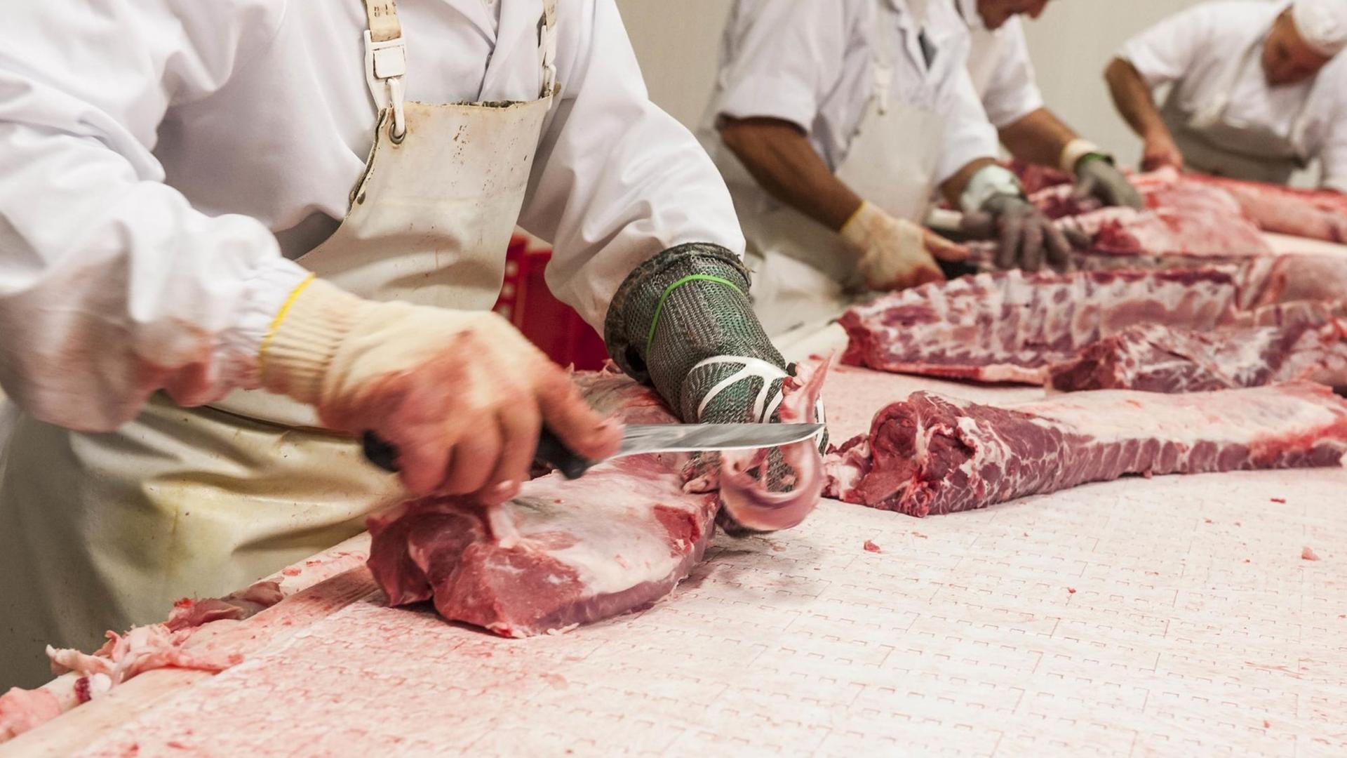 Drei Arbeiter bearbeiten Fleisch in einem Schlachthof mit Messern. Drei Arbeiter bearbeiten Fleisch in einem Schlachthof mit Messern.