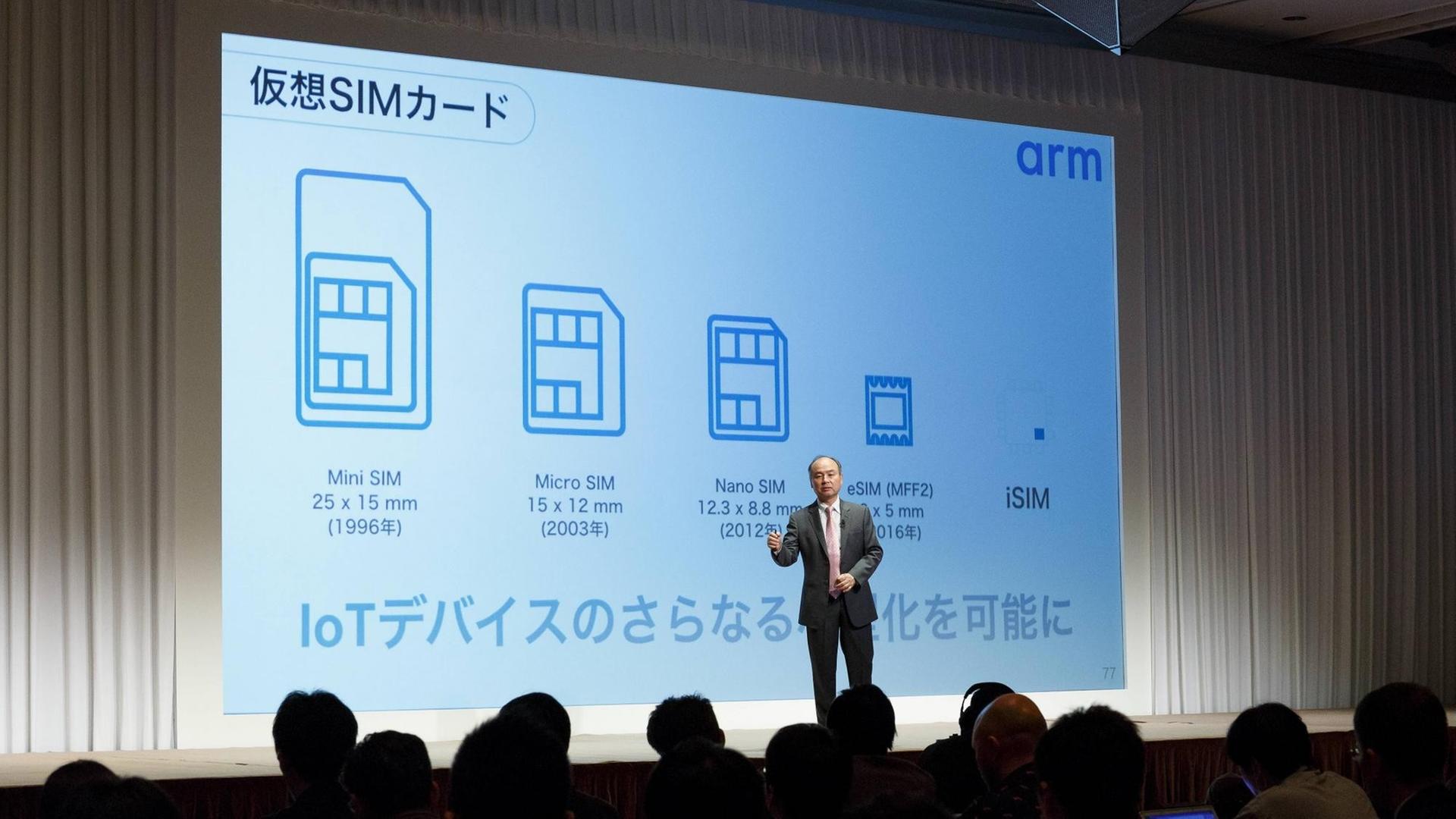 Der Chef des Technologie-Investors SoftBank, Masayoshi Son präsentiert die Formate von SIM bis iSIM bei einer Pressekonferenz im Größenvergleich (9.5.2018) Der Chef des Technologie-Investors SoftBank, Masayoshi Son präsentiert die Formate von SIM bis iSIM bei einer Pressekonferenz im Größenvergleich (9.5.2018)