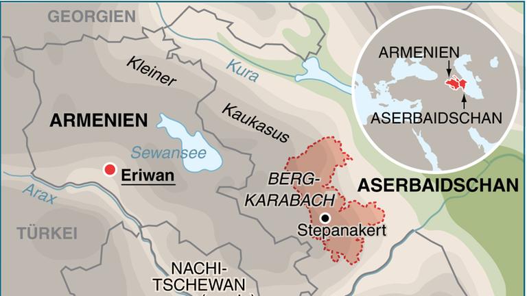 Eine Landkarte des Konfliktgebietes Berg-Karabach im Südkaukasus. Eine Landkarte des Konfliktgebietes Berg-Karabach im Südkaukasus.