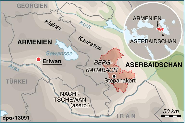 Eine Landkarte des Konflikgebietes Berg-Karabach im Südkaukasus. Eine Landkarte des Konflikgebietes Berg-Karabach im Südkaukasus.