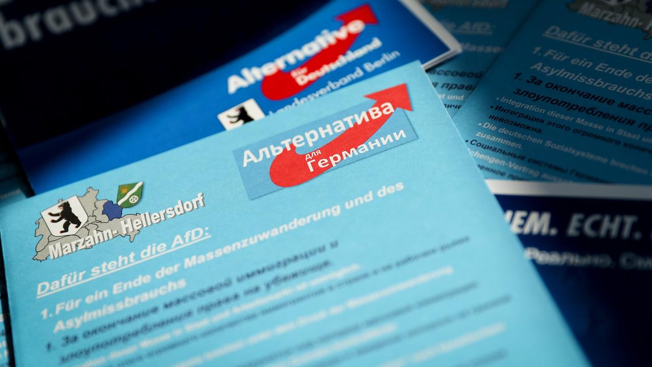 Eine Wahlkampfbroschüre der Alternative für Deutschland (AFD) für die Abgeordnetenhauswahl in den Sprachen deutsch und russisch. Eine Wahlkampfbroschüre der Alternative für Deutschland (AFD) für die Abgeordnetenhauswahl in den Sprachen deutsch und russisch.