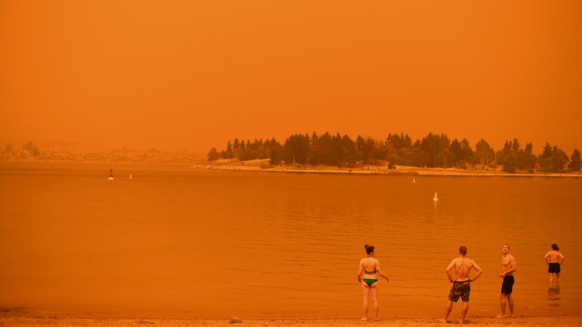 Badende stehen am Strand und beobachten die Auswirkungen des katastrophalen Naturschauspiels. Badende stehen am Strand und beobachten die Auswirkungen des katastrophalen Naturschauspiels.