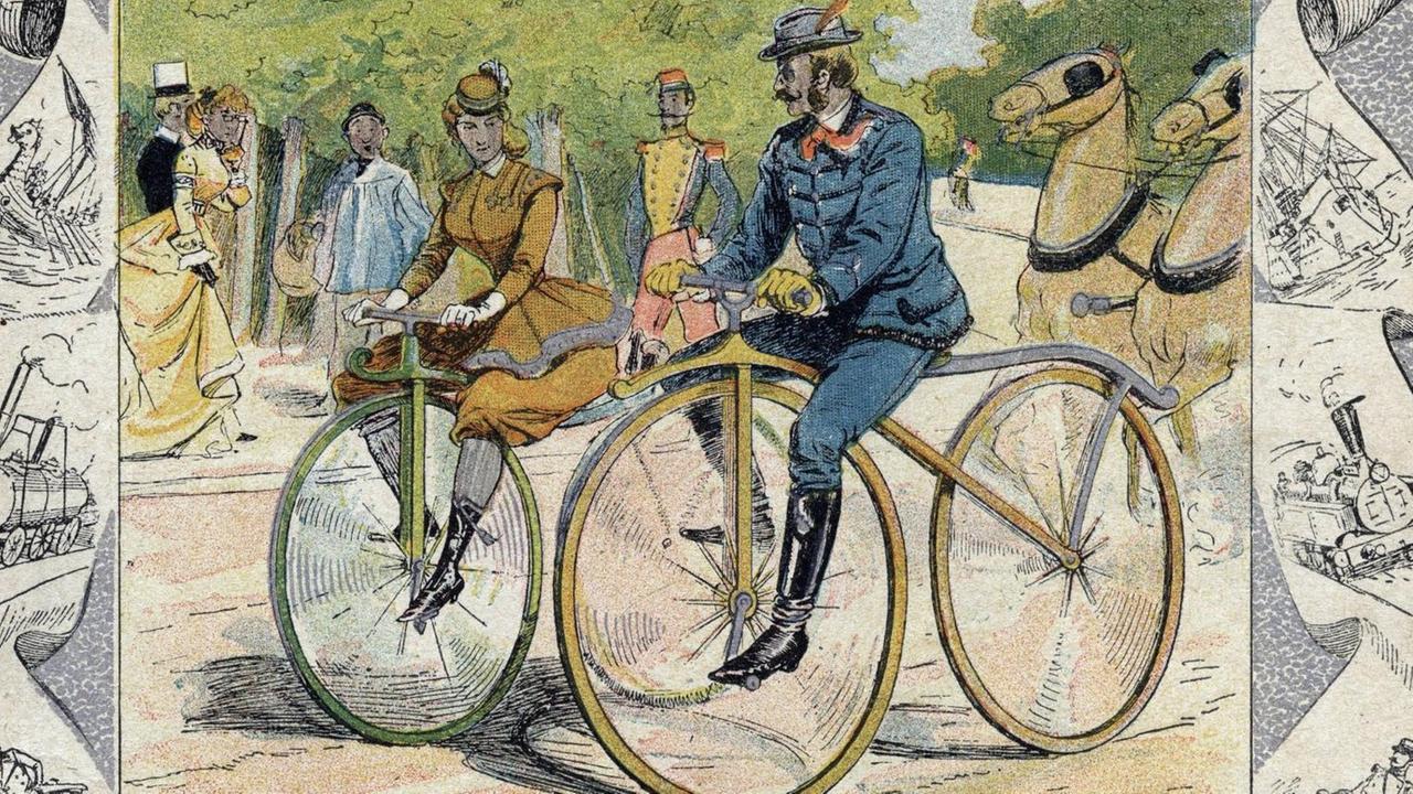 Pierre Michaux mit einem Tretkurbelfahrrad. Grafische Zeichnung aus dem 19. Jahrhundert Pierre Michaux mit einem Tretkurbelfahrrad. Grafische Zeichnung aus dem 19. Jahrhundert