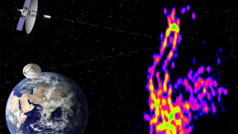 RadioAstron hat gemeinsam mit Teleskopen auf der Erde die Umgebung des Schwarzen Lochs Perseus A beobachtet (schematische Darstellung) RadioAstron hat gemeinsam mit Teleskopen auf der Erde die Umgebung des Schwarzen Lochs Perseus A beobachtet (schematische Darstellung)