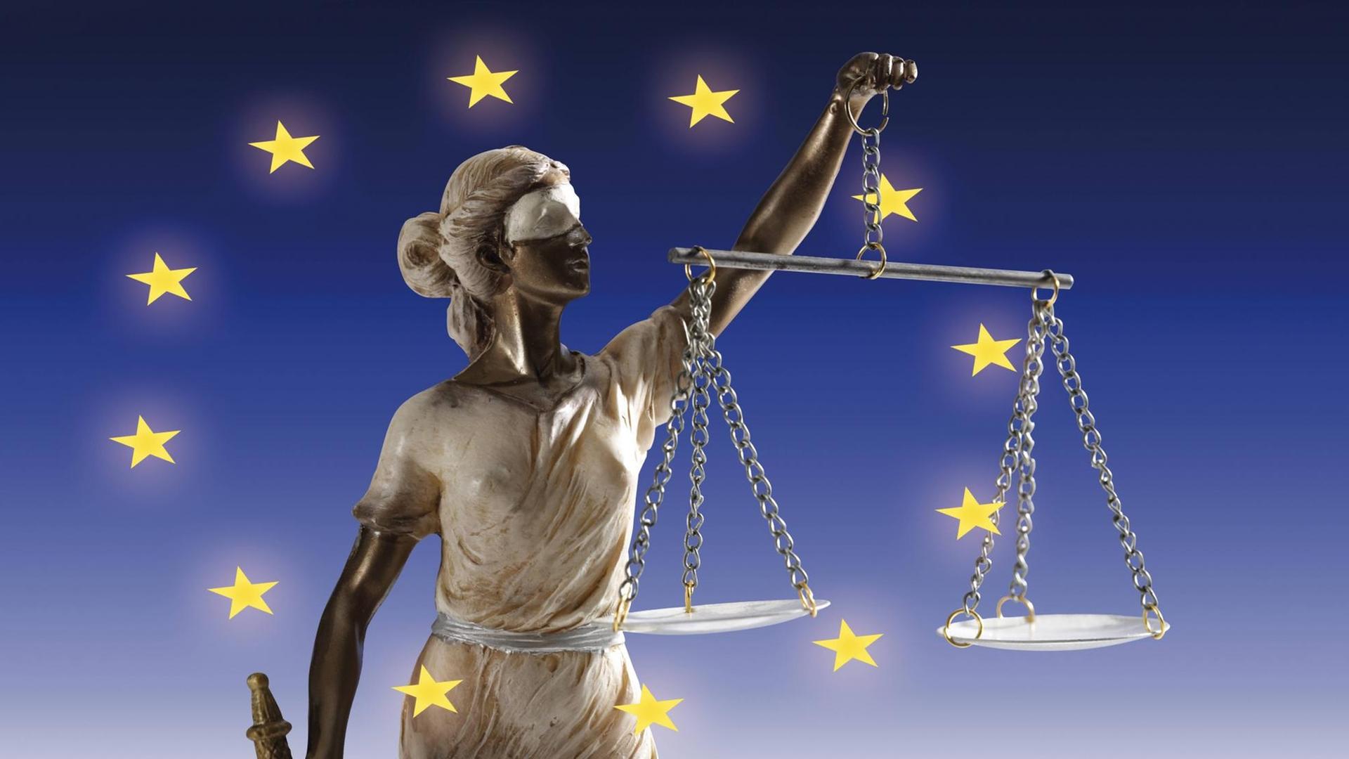 Justitia, die Symbolfigur der Gerechtigkeit vor der europäischen Flagge Justitia, die Symbolfigur der Gerechtigkeit vor der europäischen Flagge