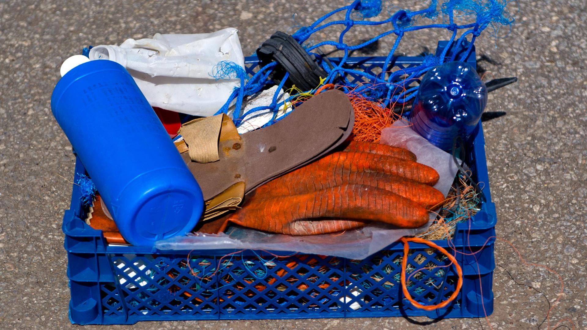 Eine Kiste mit Plastikmüll aus dem Meer, fotografiert im Hafen von Neustadt in Holstein Eine Kiste mit Plastikmüll aus dem Meer, fotografiert im Hafen von Neustadt in Holstein
