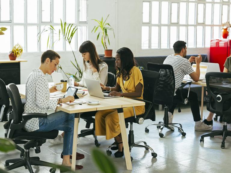 Meschen sitzen in einem loftartigen Büro mit Planzen an ihren Arbeitsplätzen.