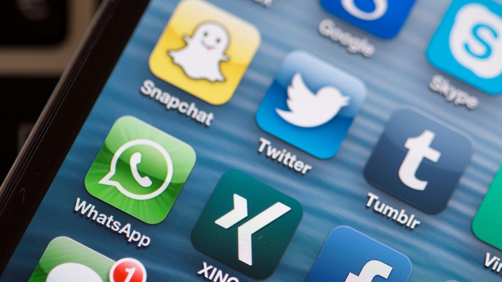 Auf dem Display eines Smartphones sind die App-Logos verschiedener Social Media Plattformen zu sehen Derweil der Anbieter Facebook seit einiger Zeit Nutzer verliert, werden Dienste wie Snapchat, Tumblr, Twitter und Vine immer beliebter. Auf dem Display eines Smartphones sind die App-Logos verschiedener Social Media Plattformen zu sehen Derweil der Anbieter Facebook seit einiger Zeit Nutzer verliert, werden Dienste wie Snapchat, Tumblr, Twitter und Vine immer beliebter.