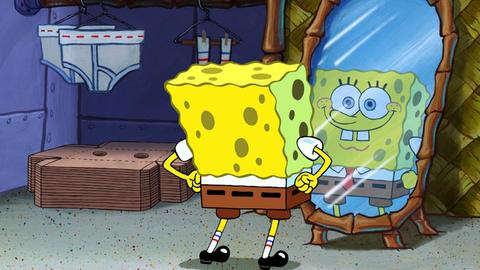Der Schwamm Spongebob steht in einer Filmszene aus "Der Spongebob Schwammkopf Film" vor dem Spiegel. Der animierte Film um den Schwamm Spongebob der mit seinem Freund Patrick auf abenteuerliche Weise die dem König der Meere gestohlene Krone wiederbeschafft, läuft ab 23.12.2004 in den deutschen Kinos.